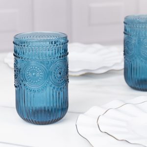 6-Pack Vintage Embossed Glass Tumblers 14oz Highball Design Ocean Blue - Textured Floral Pattern for Cocktails & Drinks